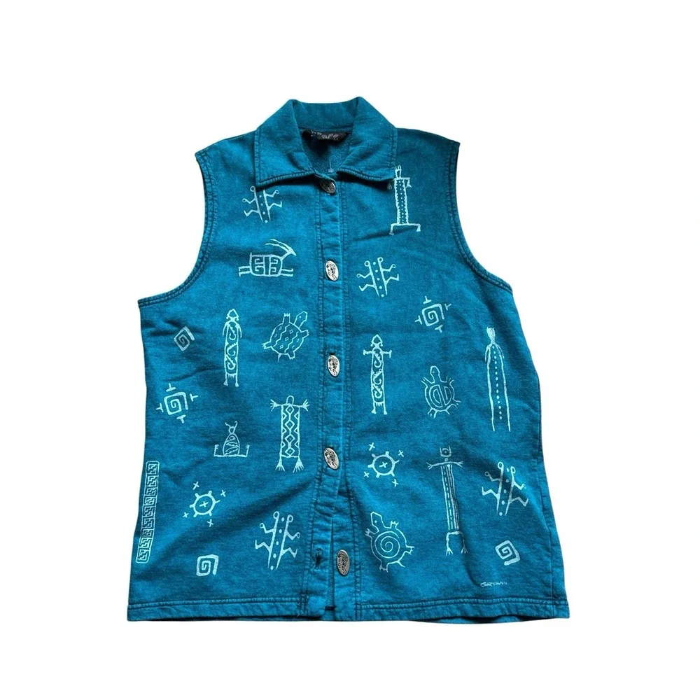 Bfofo VTG Teal Vest Petroglyph Print Cotton‎ Tribal Southwestern Stick Figure L
